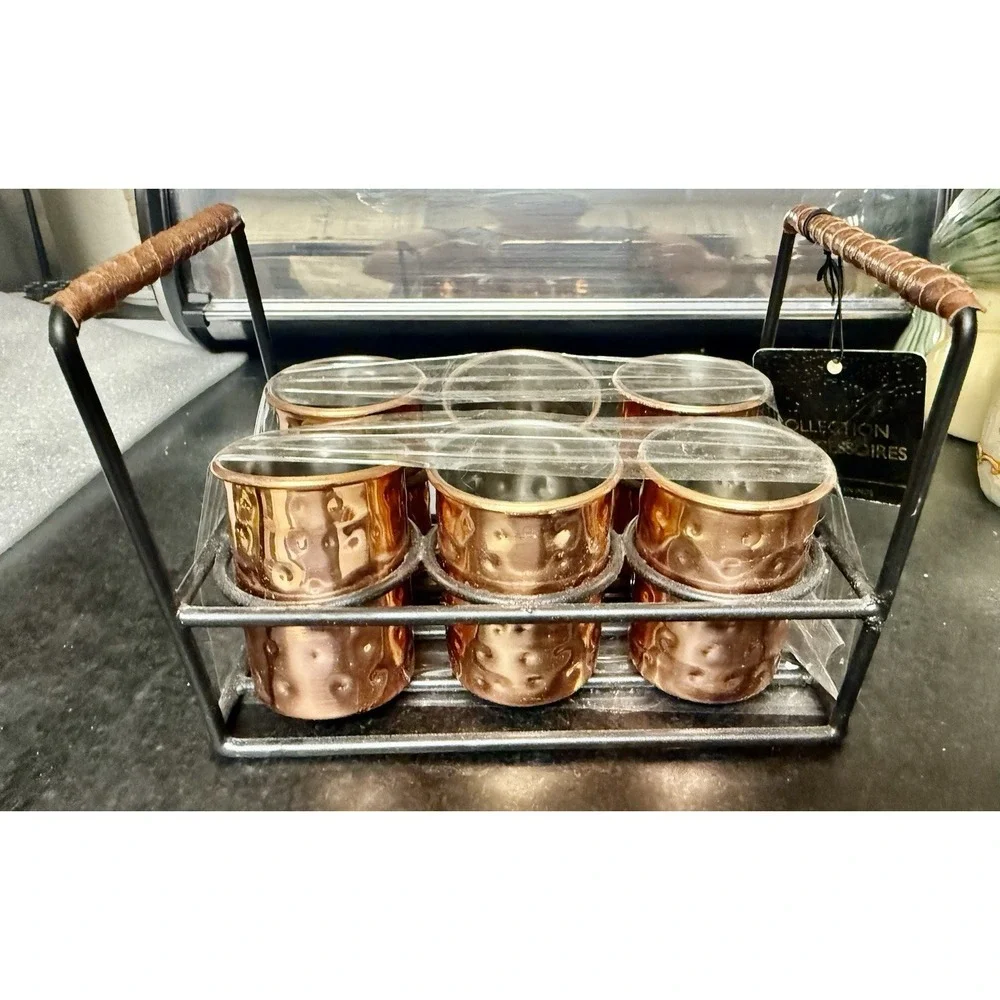 6 Shot Glasses Copper Hammered Vintage With Wooden Caddy and Wooden Handle